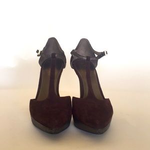 Brown suede T strap stilettos